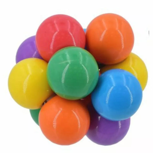 A cluster of Twist and Turn Fidget Balls in red, orange, yellow, green, blue, and purple, arranged tightly together to form a spherical shape, isolated on a white background.
