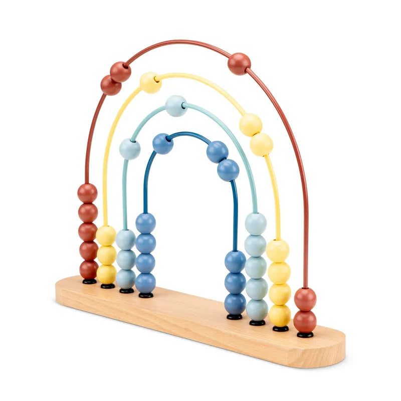 The Abacus 10 Beads toy features a wooden base with four curved colorful wires, each adorned with vibrant counting beads in red, yellow, and blue shades. The arching wires give it a rainbow-like appearance.