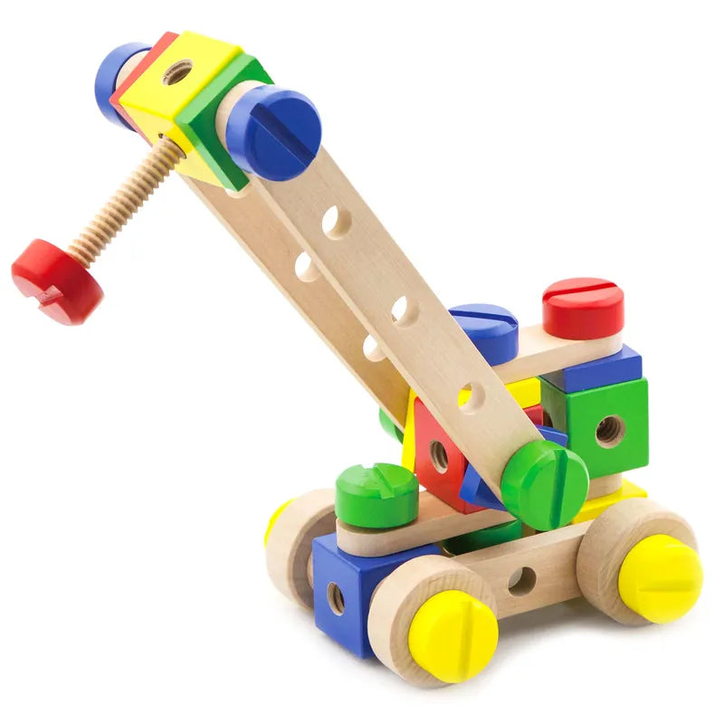 The Construction Set 53 Pieces is a colorful wooden toy with interlocking blocks, screws, wheels, and a movable arm in red, yellow, green, and blue—perfect for building fine-motor skills in children.