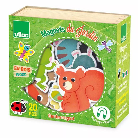 a box containing a set of Vilac Garden Magnets with animals on them.