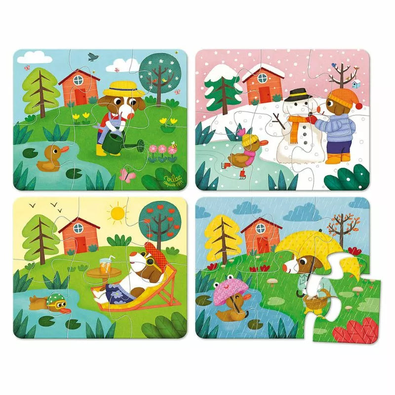 a set of Vilac Four Seasons Wooden Puzzles with a dog in a field.