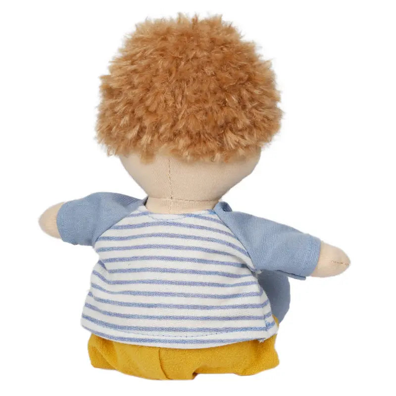 The Wilbery Baby Doll Boy Blue Outfit features a soft doll with curly brown hair, wearing a blue and white striped shirt and yellow pants—seen from the back, he's a charming addition to the Wilberry dolls collection.