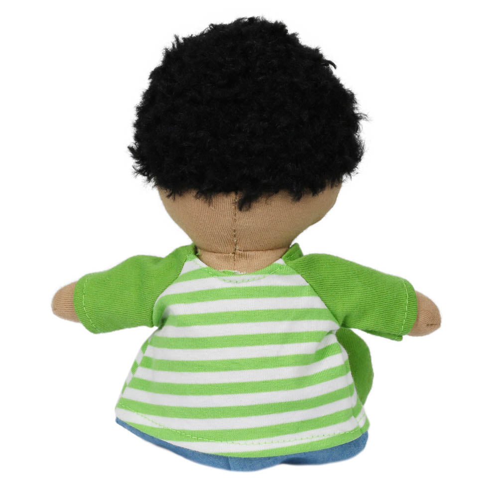 A Wilbery Baby Doll Boy Green Outfit with dark curly hair, wearing a green and white striped shirt and blue pants, is shown from the back.