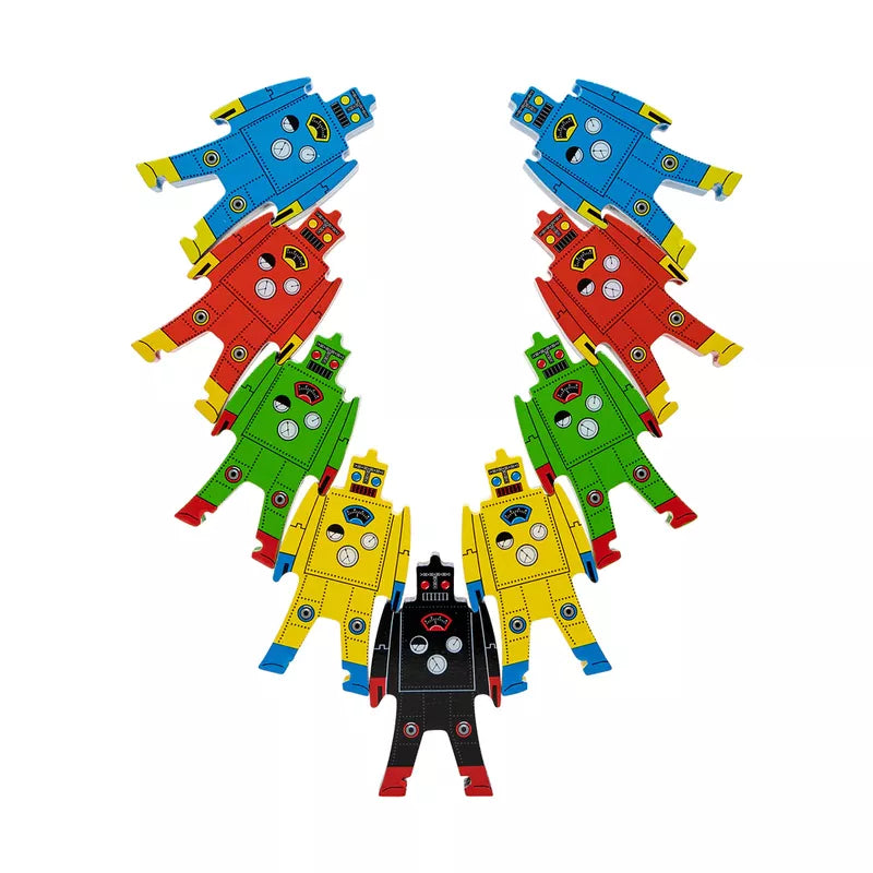 A colorful Schylling Wood Stacking Robots game with robots standing in a circle.