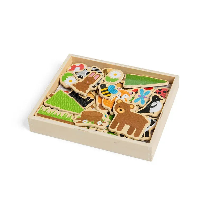 The Bigjigs Woodland Magnets set includes a wooden box filled with animal and nature-themed puzzle pieces like a bear, butterfly, flowers, grass, and trees. These vibrant wooden magnets are ideal for 3-year-olds to enhance playtime while expanding their vocabulary.
