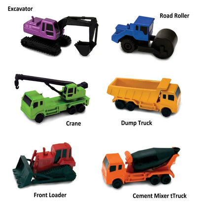 Illustration of various colorful TOOB® Figurines Construction Vehicles designed for imaginative play and educational purposes: a purple excavator, blue road roller, green crane, yellow dump truck, red front loader, and orange cement mixer