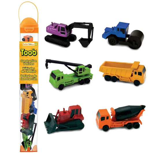 Various colorful TOOB® Figurines construction vehicles including an excavator, dump truck, crane, and others, designed for imaginative play and displayed against a white background.