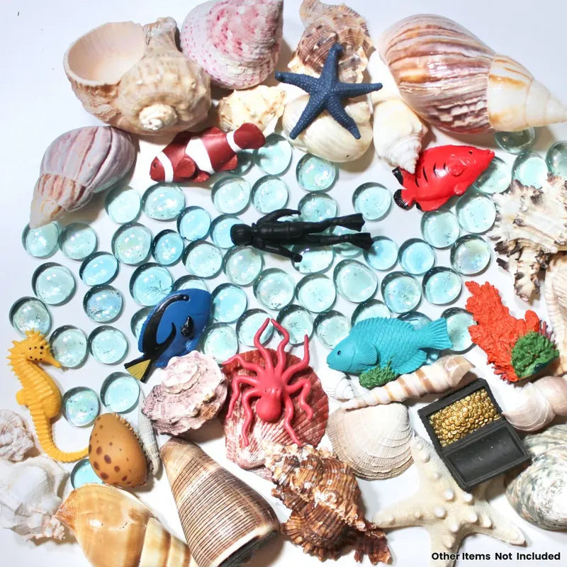 A collection of various seashells, starfish, glass beads, and TOOB® Figurines Coral Reef arranged on a white background. A disclaimer, "other items not included," is at the bottom.