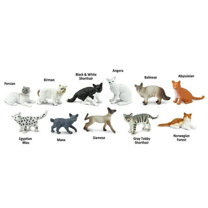 An array of various cat TOOB® Figurines Domestic Cats displayed against a white background, each breed labeled including Persian, Birman, Egyptian Mau, and others.