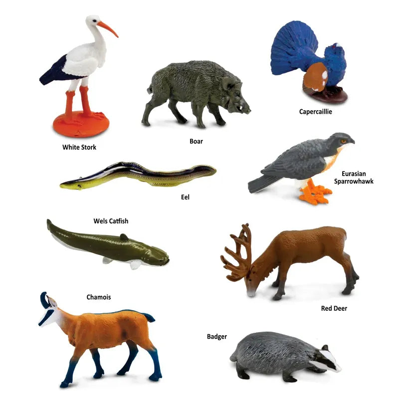 Collection of TOOB® Figurines European Animals against a white background, including a white stork, boar, capercaillie, eel, Eurasian sparrowhawk, wels catfish