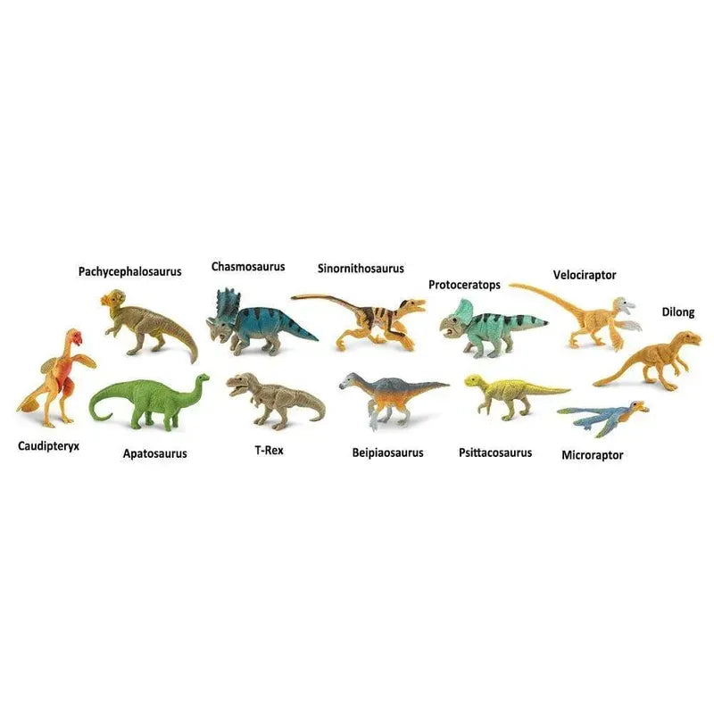 A collection of TOOB® Figurines Feathered Dinos labeled with their names, arranged in a row on a white background.