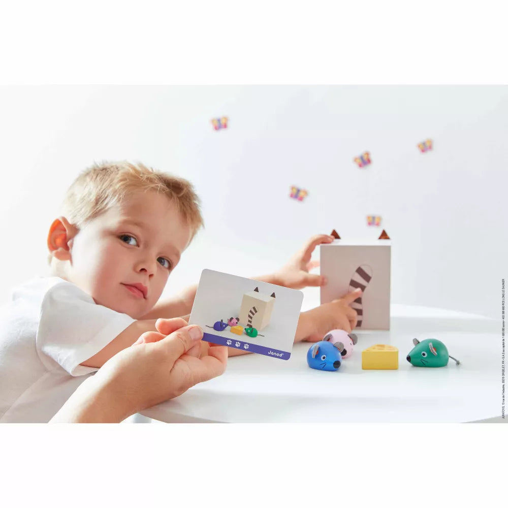 A little boy holding a card with a picture of the Janod Finding your Bearings in Space Cat and Mouse on it.