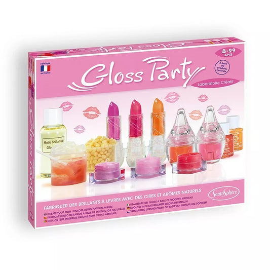 A pink box with Sentosphere Gloss Party, lip glosses, and natural origin lip balms.