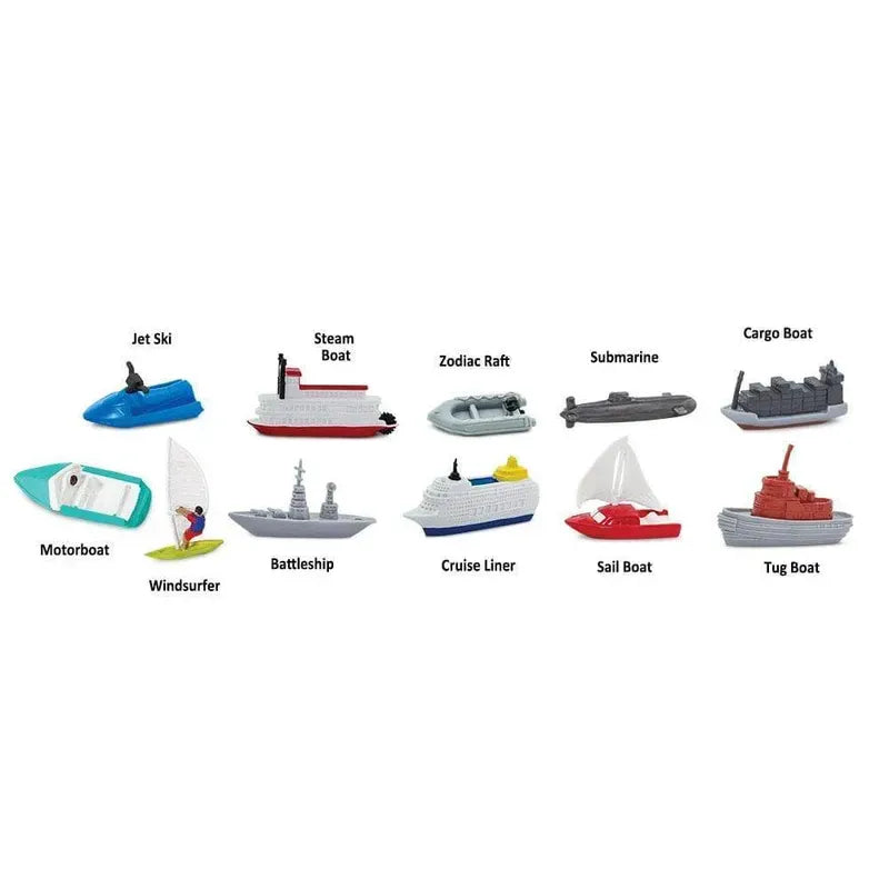 A collection of various TOOB® figurines in the water, each labeled: jet ski, steam boat, zodiac raft, submarine, cargo boat, windsurfer, battleship, cruise.