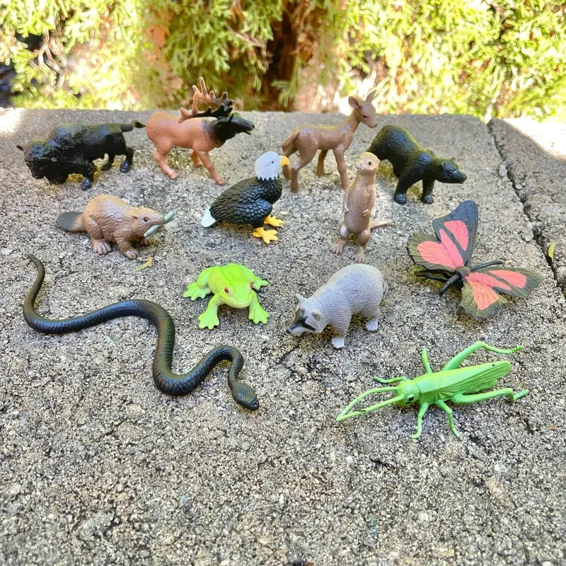 A collection of TOOB® Figurines In the Woods, including a bear, deer, birds, snake, insects, and a turtle, arranged on a rough, sandy surface outdoors.