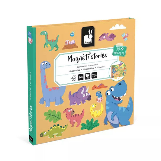 A colorful children's magnetic game titled "Janod Magneti'stories Dinosaurs", featuring various playful cartoon dinosaurs and including 30 dinosaur-themed magnets for imaginative play, suitable for ages 3 and up.