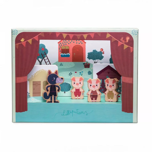 A picture of Lilliputiens Wolf and 3 Little Pigs Magnetic Theatre in front of a stage.