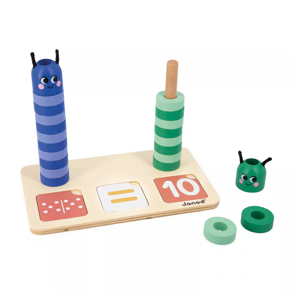 The Janod Number Composition and Comparison is a wooden toy with a number and two matching objects.