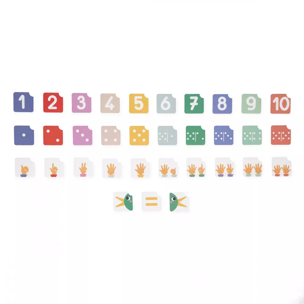 A number of Janod Number Composition and Comparison sets with different colored dice and numbers on a white background.