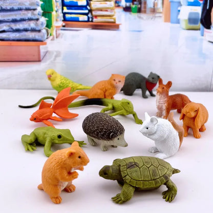 A collection of various colorful plastic animal TOOB® Figurines Pets, including birds, lizards, a hedgehog, and a turtle, arranged on a shiny floor inside a store.