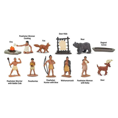 A collection of TOOB® Figurines Powhatan Indians depicting Powhatan culture, including people performing various activities and several animals, displayed against a white background.