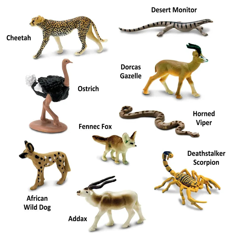 The image displays a collection of TOOB® Figurines Sahara Wüste labeled individually: cheetah, desert monitor, ostrich, dorcas gazelle, fennec fox, horned viper, wild dog.