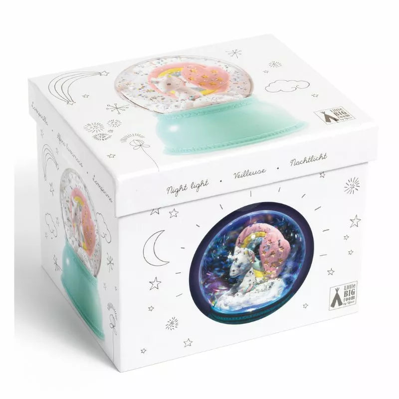 A white box with a picture of a Djeco Snow Ball Nightlight Unicorn on it.