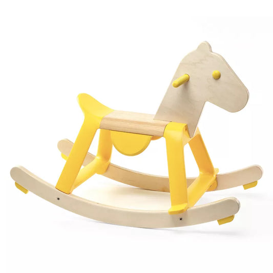 A Djeco Yellow Rock it! wooden rocking horse with a yellow seat.