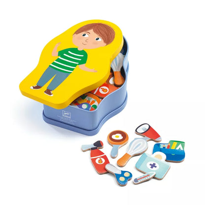 A Djeco Wooden Magnetic Inzebox Jobissimo toy set in a blue box for children.