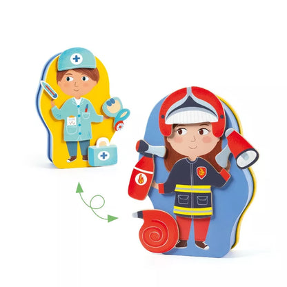 A wooden magnetic cutout of a fireman and a wooden magnetic cutout of a girl from Djeco's Inzebox Jobissimo.