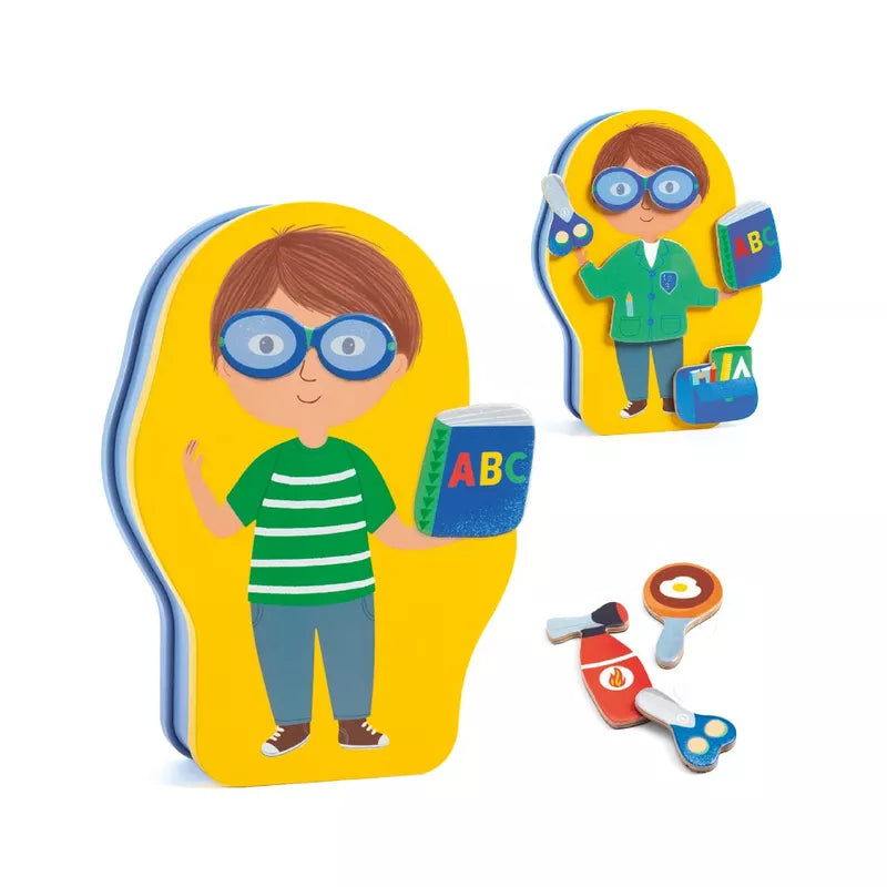 A picture of a boy with glasses and a book next to the Djeco Wooden Magnetic Inzebox Jobissimo.