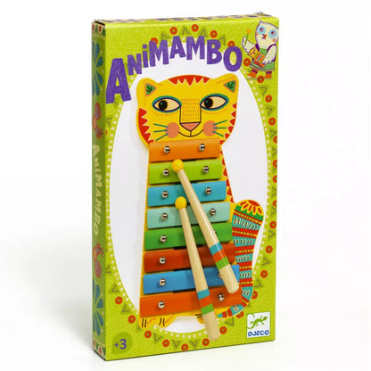 A Djeco Animambo Metallphone with a cat on top of it.