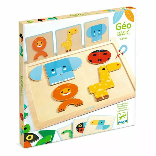 A Djeco GeoBasic wooden puzzle with animals on it.