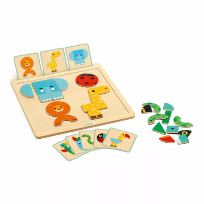 A Djeco GeoBasic wooden puzzle with matching pieces of animals.