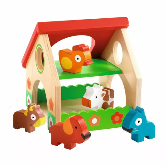 A Djeco Minifarm wooden toy with animals and a house.