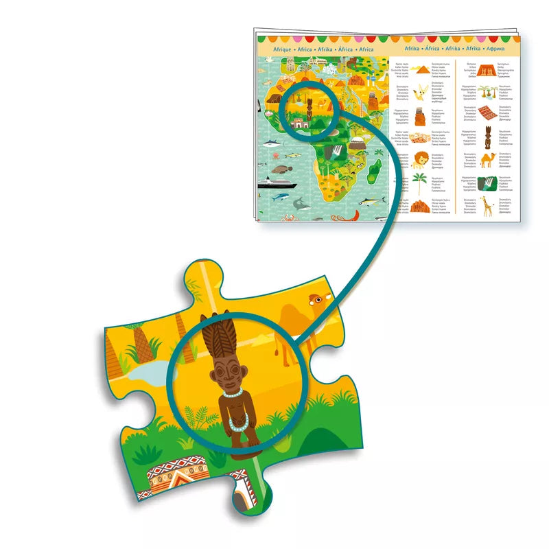 A Djeco Observation Puzzle Around the World piece with a picture of a person on it.
