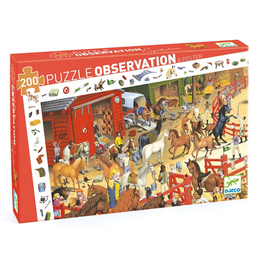 A Djeco Observation Puzzle Horse Riding box with a picture of a horse show.