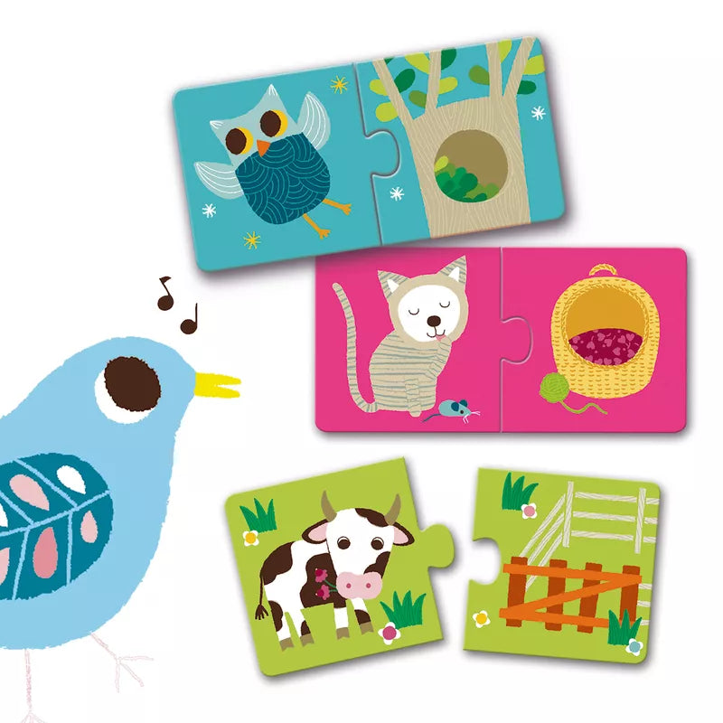A picture of a bird, a cow, and a Djeco Puzzle Habitat from Djeco.