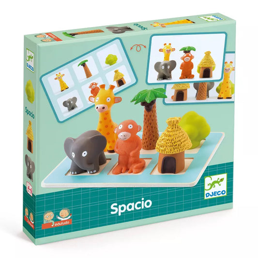 A picture of the Djeco Eduludo Spacio Game set of toys in a box.