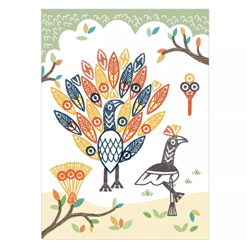 A Djeco Stamps Surprising animals card with an owl and a bird on it.