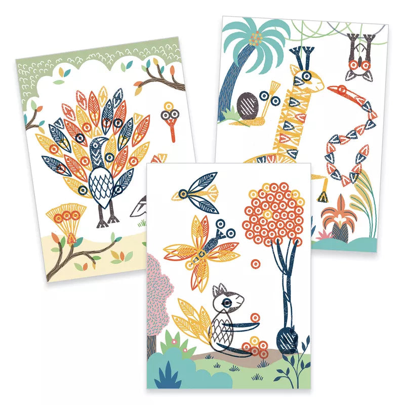 Three Djeco Stamps Surprising animals cards with colorful designs on them.