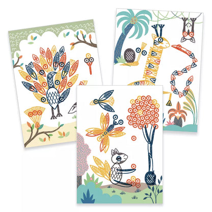 Three Djeco Stamps Surprising animals cards with colorful designs on them.