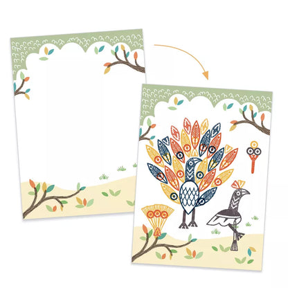 Two Djeco Stamps Surprising animals cards with a bird and tree on them.