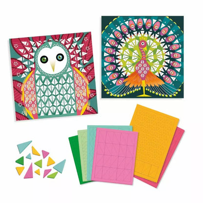 A group of Djeco Mosaics Coco cards with different designs on them.