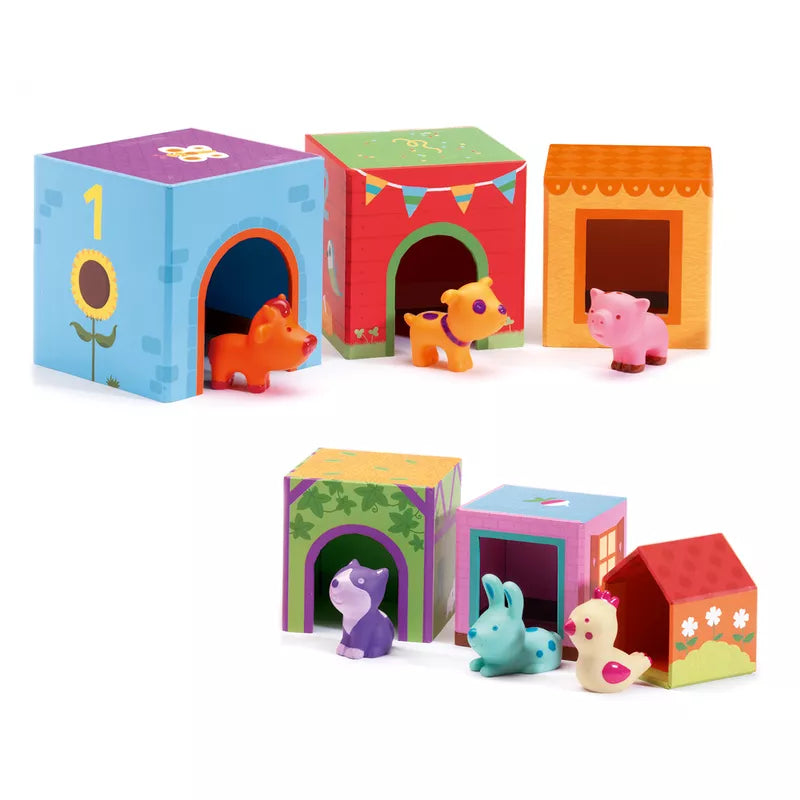 A group of Djeco Blocks Topanifarm Stacking toys on a white surface.