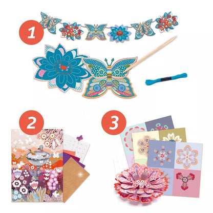 A collage of Djeco Multi Activity Flower Box and other crafting supplies from Djeco.