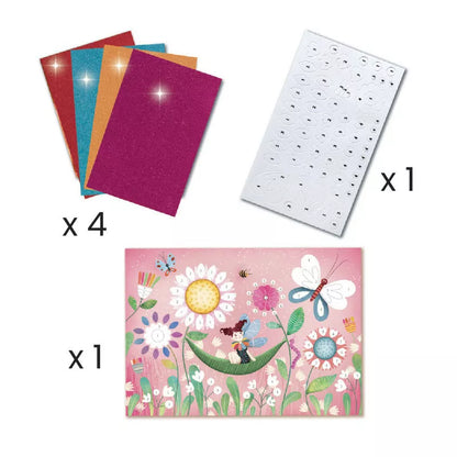 A group of Djeco Multi ActivIty Set Fairy Box cards with flowers and butterflies on them.