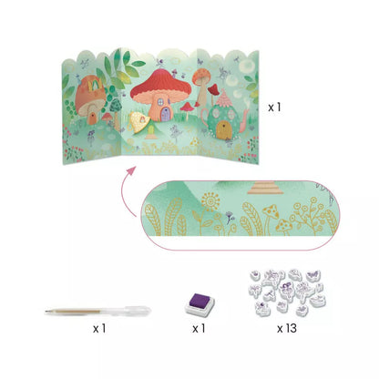 A paper craft kit with a pencil, scissors, and a picture of a mushroom.
