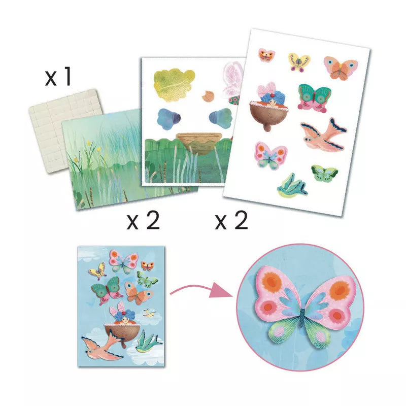 A collage of pictures with Djeco Multi Activity Set Fairy Box butterflies on them.