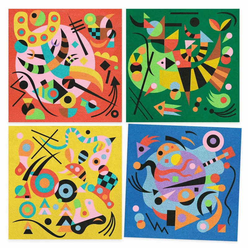 Four different colored Djeco Inspired By Abstract paintings on a white background.